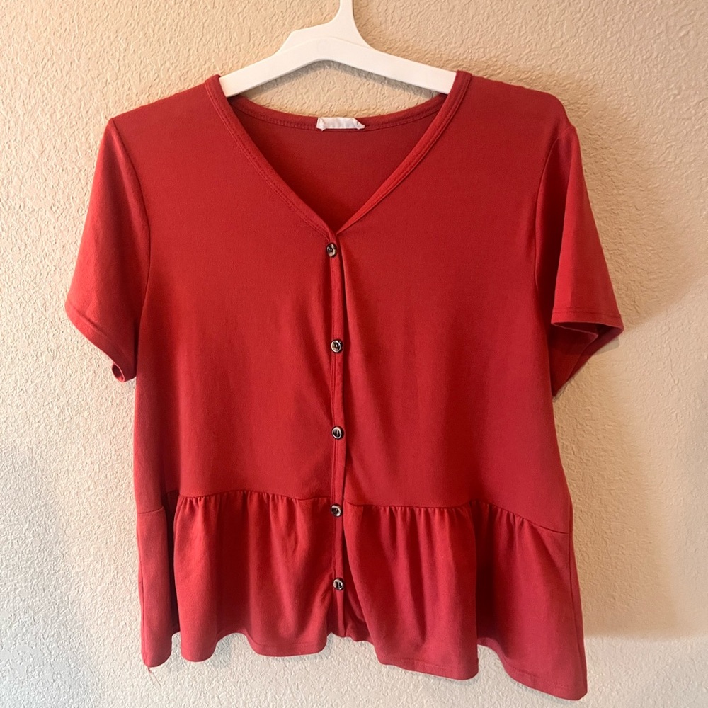 Forever Rose Red Button Down Peplum Blouse